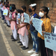 Schoolchildren protest against the alarming levels of pollution outside the Indian environment ministry on Nov. 5.